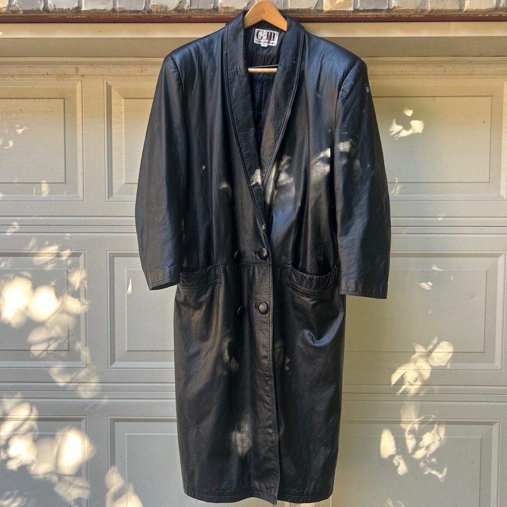 G-III Vintage Black Leather Trench Coat Womens Large Long Shawl Collar Jacket